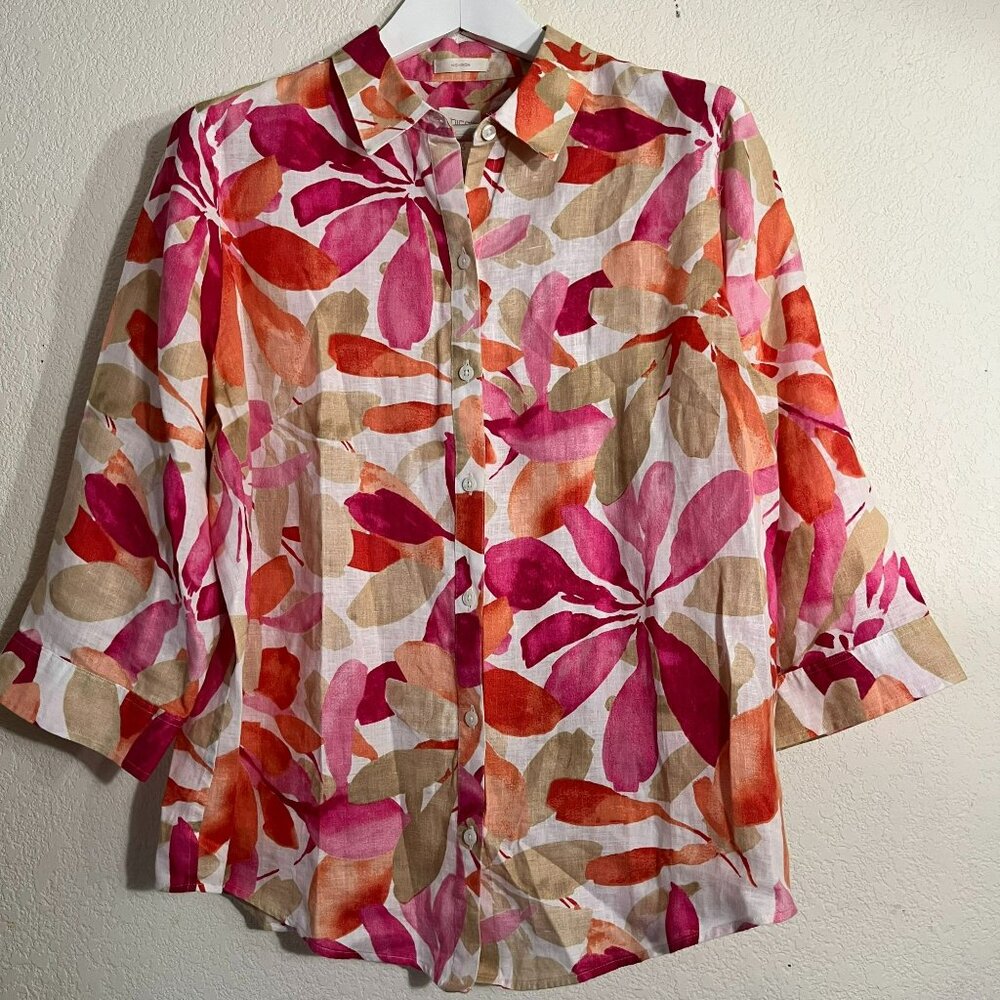 Chico's Women's Floral Print 3/4 Sleeve No-Iron Casual Linen Blouse Pink/Red 3